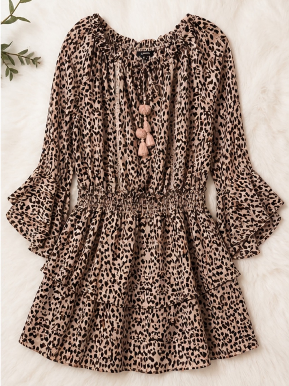 Express Leopard Print Boho Dress | Bell Sleeve Smocked Mini